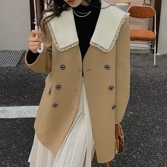 100% Double Faced Wool Jackets Lace Trim Sailor Collar Double Breasted Wool Coat - Picture 6 of 6